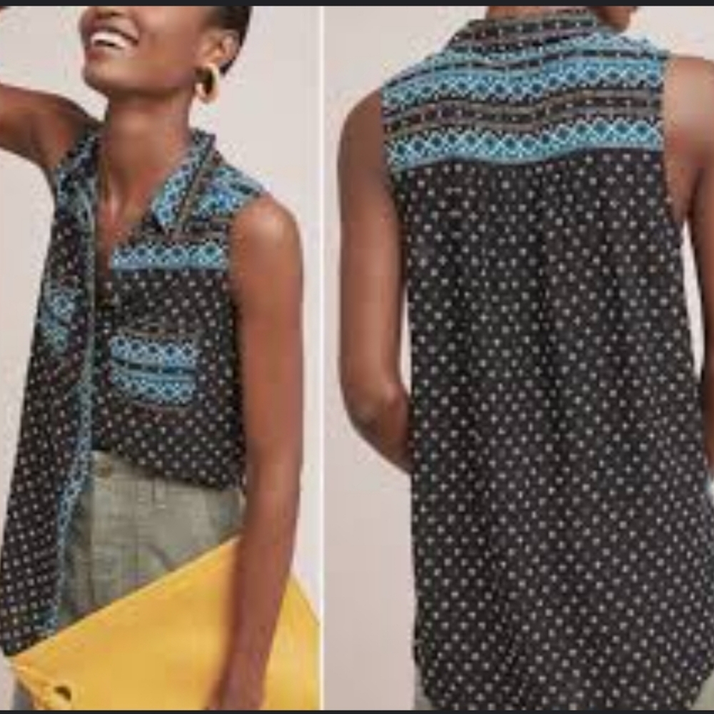 NWOT Anthropologie Akemi + Kin IRA Top Tunic Black Teal Button Up Sleeveless XS